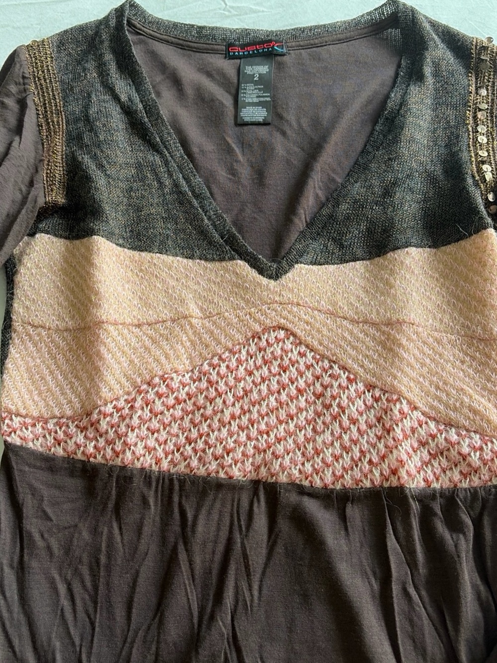 Custo Barcelona V-Neck Colorblock Sweater in Brown, Cream & Pink